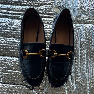 Black Leather Loafers with Gold Accent